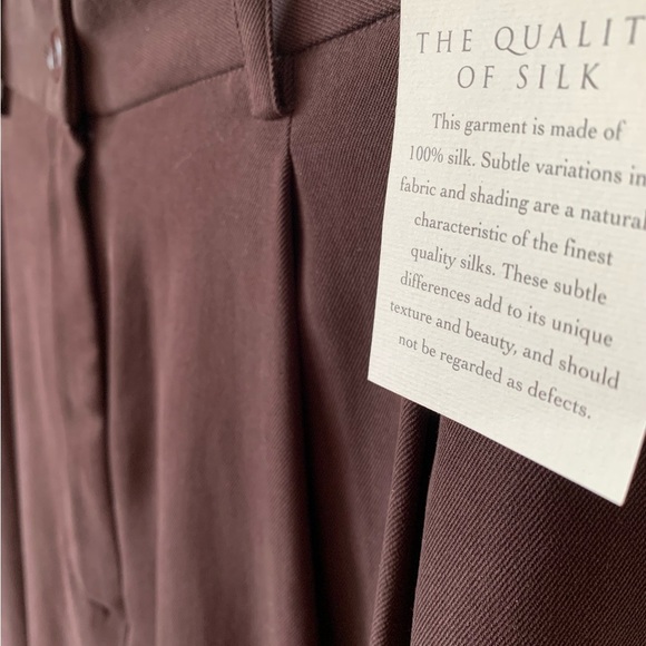 TROUSERS PANTS Vintage Hugo Buscati 100% Silk Twill Pleated Chocolate Brown NWT - Picture 3 of 5